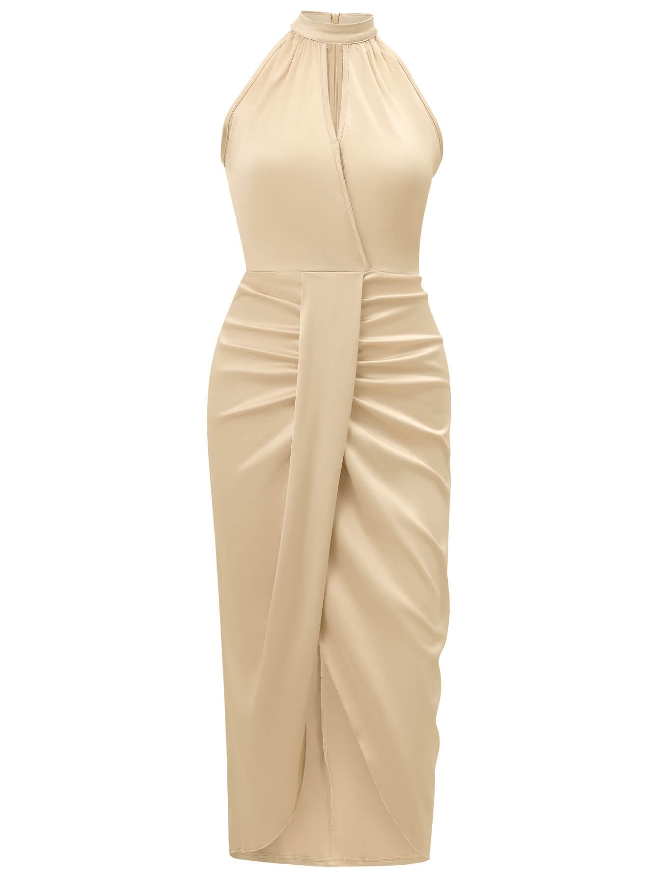 Serenity Halter Neck Slit Satin Midi Dress - Champagne