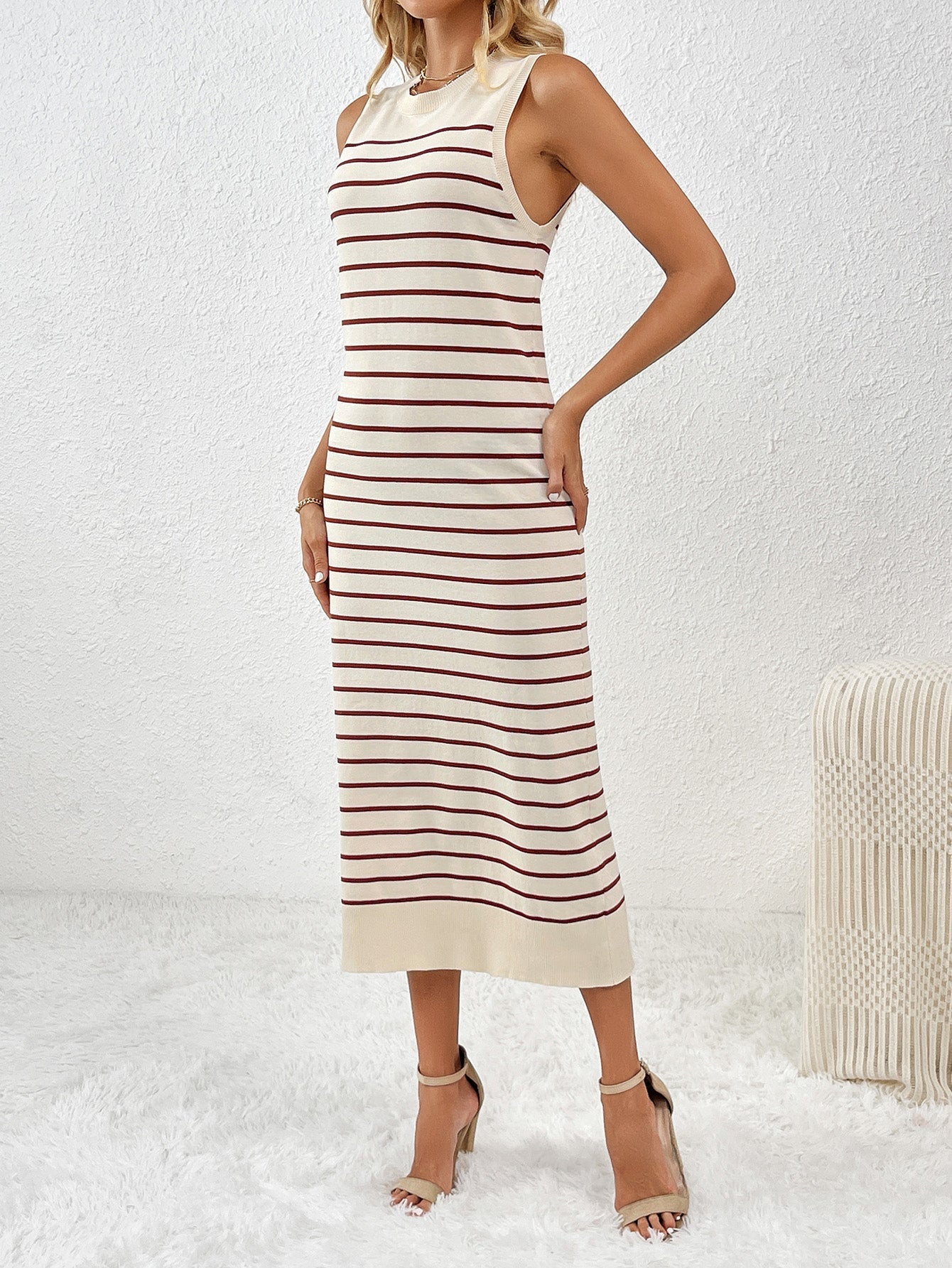 Dancing On Air Striped Knit Midi Dress - Coffee