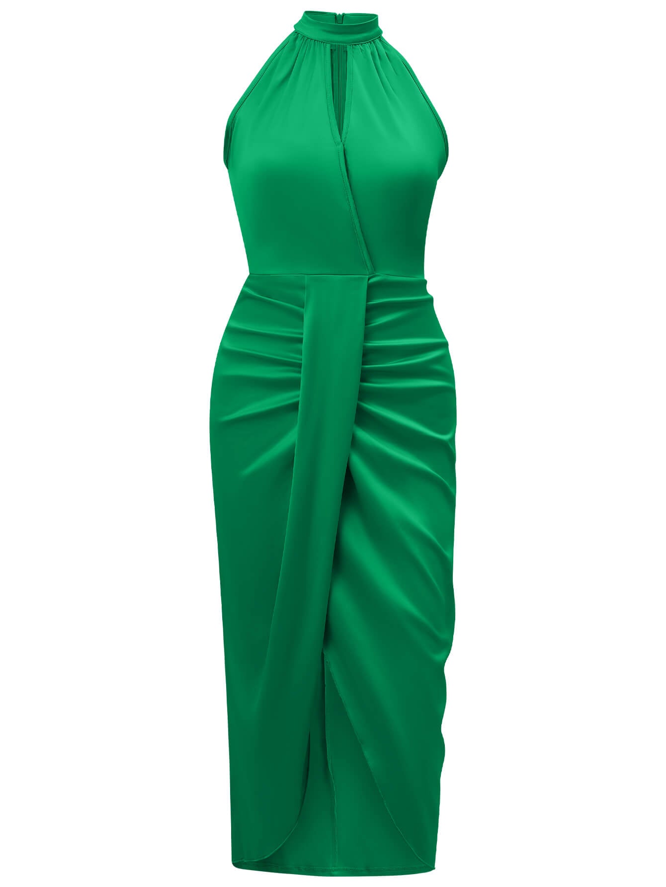 Serenity Halter Neck Slit Satin Midi Dress - Emerald