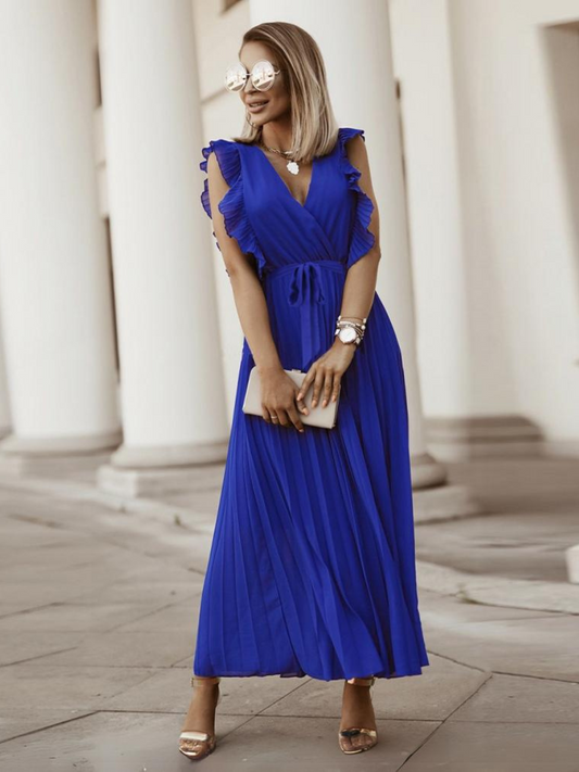 Elisha Plisse Ruffle Shoulder Midi Dress - Sapphire